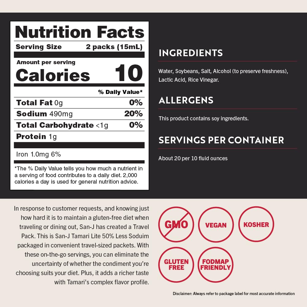 San-J - Gluten Free Tamari Lite Soy Sauce with 50% Less Sodium - Made with 100% Soy - Specially Brewed - 1/4 oz. Individual Port