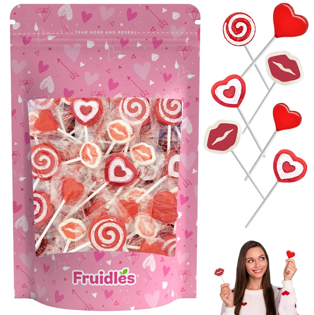 Fruidles Valentines Lollipop Party Mix, Hearts & Lips, Mixed Fruit Flavor, 0.5 Pound Assortment