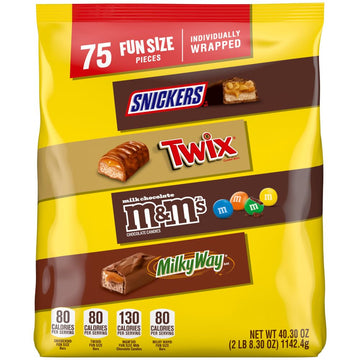 Mars Snickers, M&M'S Milk Chocolate, Milky Way & Twix Fun Size Chocolate Candy Variety Pack, 75 Ct Bulk Bag