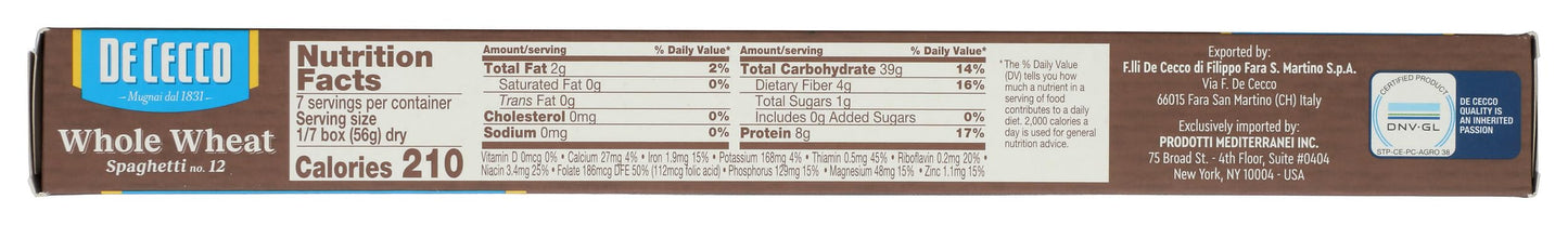 De Cecco Pasta Whole Wheat Spaghetti, 13.25 Oz