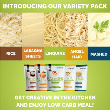 Palmini Pouch Variety Pack - Gluten Free Pasta (Linguine, Angel Hair, Lasagna, Rice, Mashed) - 12 Ounce (Pack of 5)