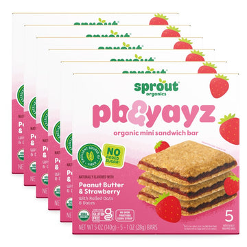 Sprout Organics, Pb & Yayz Toddler Snack Bars, Peanut Butter & Strawberry, 5 Individual Bars 1.02 Oz Each (6-Boxes)