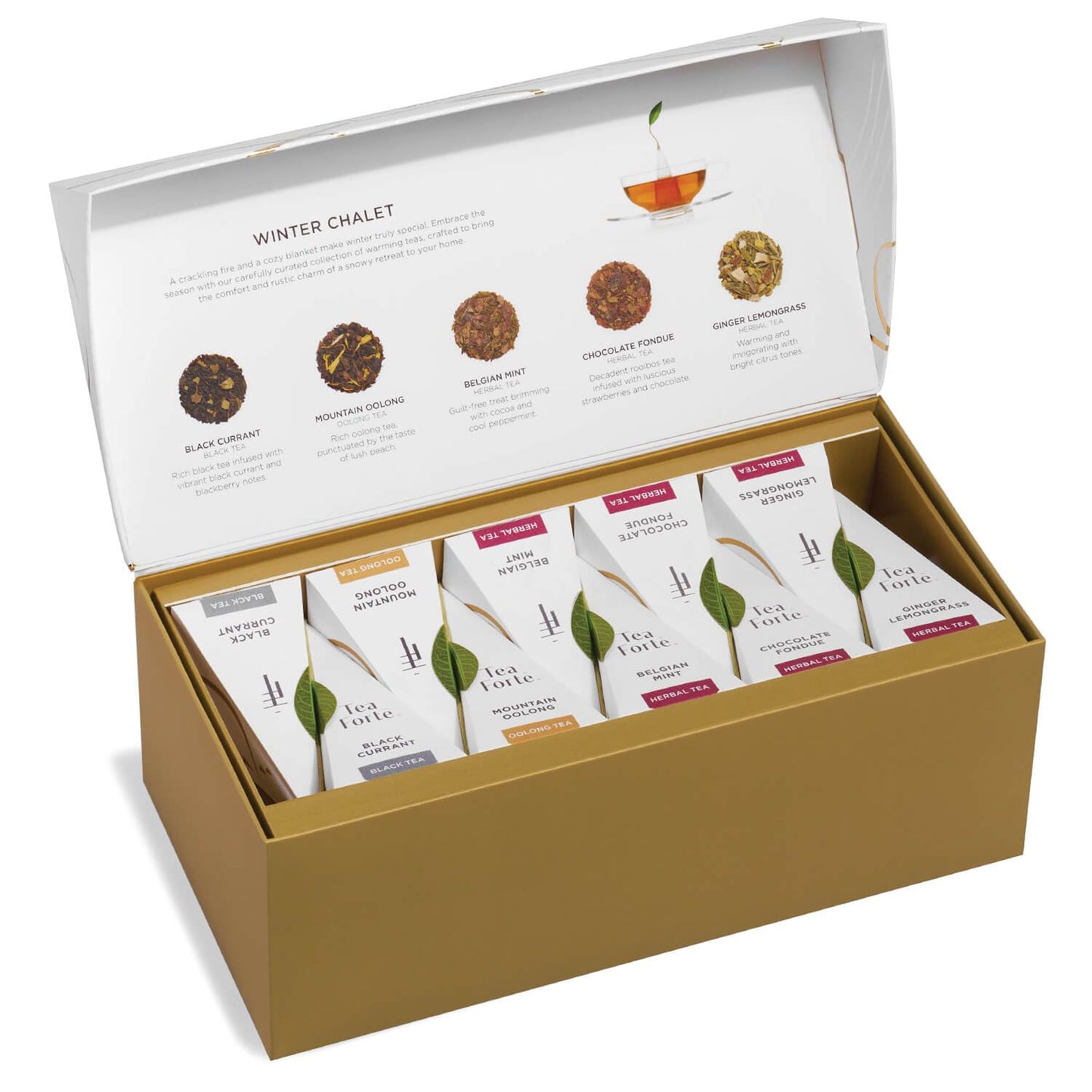 Tea Forte Winter Chalet Enhanced Presentation Box Gift Set Sampler, 20 Count, 4 Of Each Blend Individually Wrapped Handcrafted Pyramid Infuser Bags