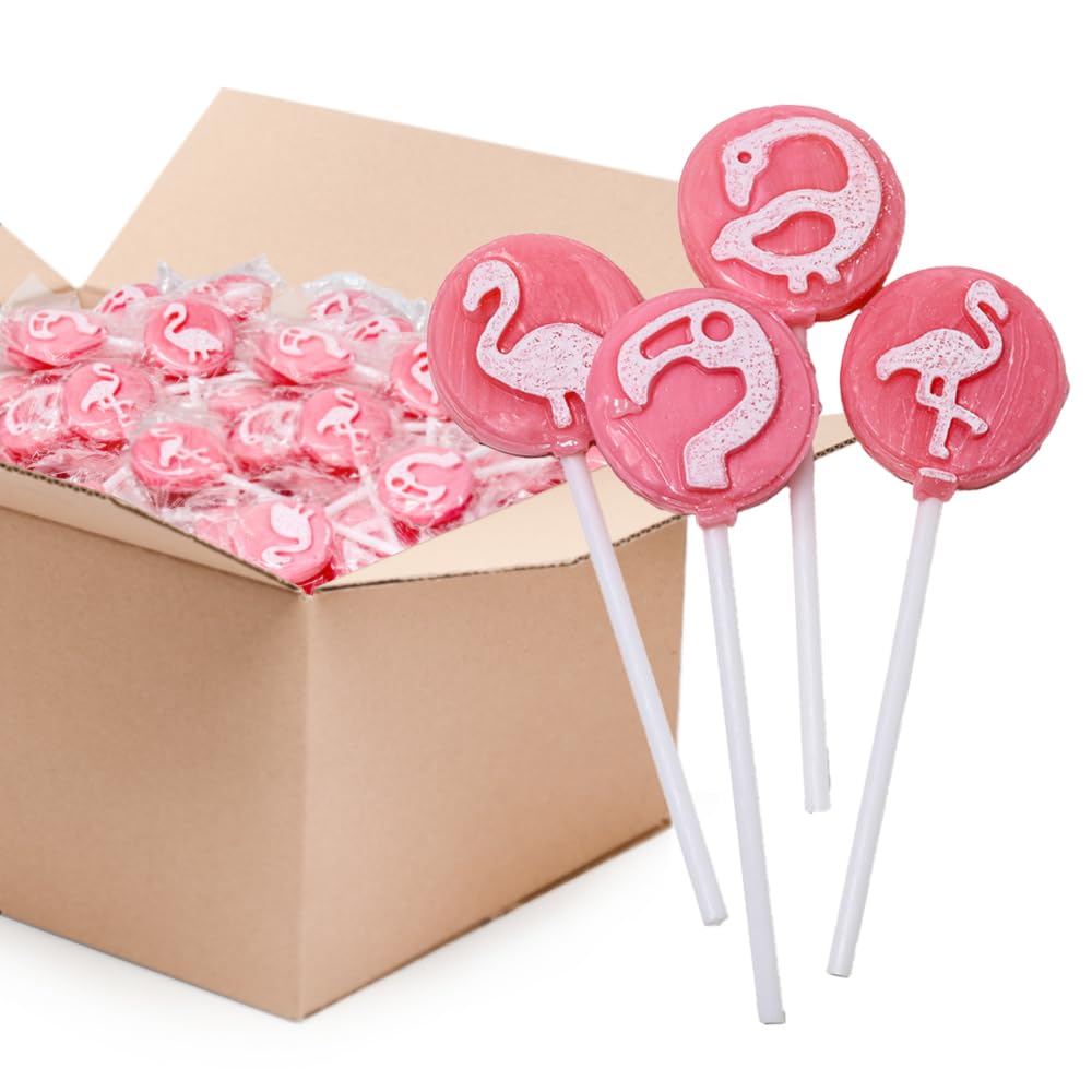 Flamingo Lollipops - 2 Pound Bulk Pack (110 Count) - Icing Tattoo Strawberry Hard Candy - Individually Wrapped