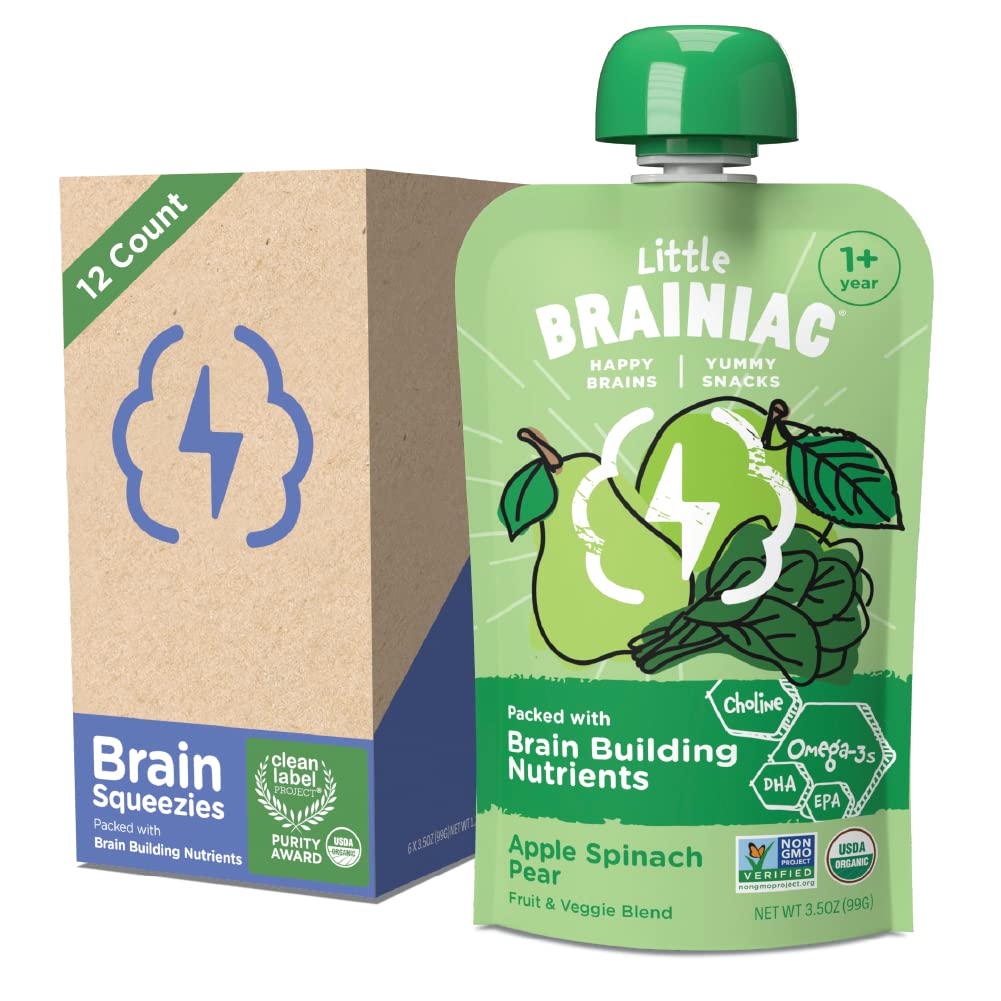 Little Brainiac Organic Fruit & Veggie Toddler Pouches, Apple, Spinach, Pear Puree with Omega-3s DHA/EPA and Choline, Clean Labe