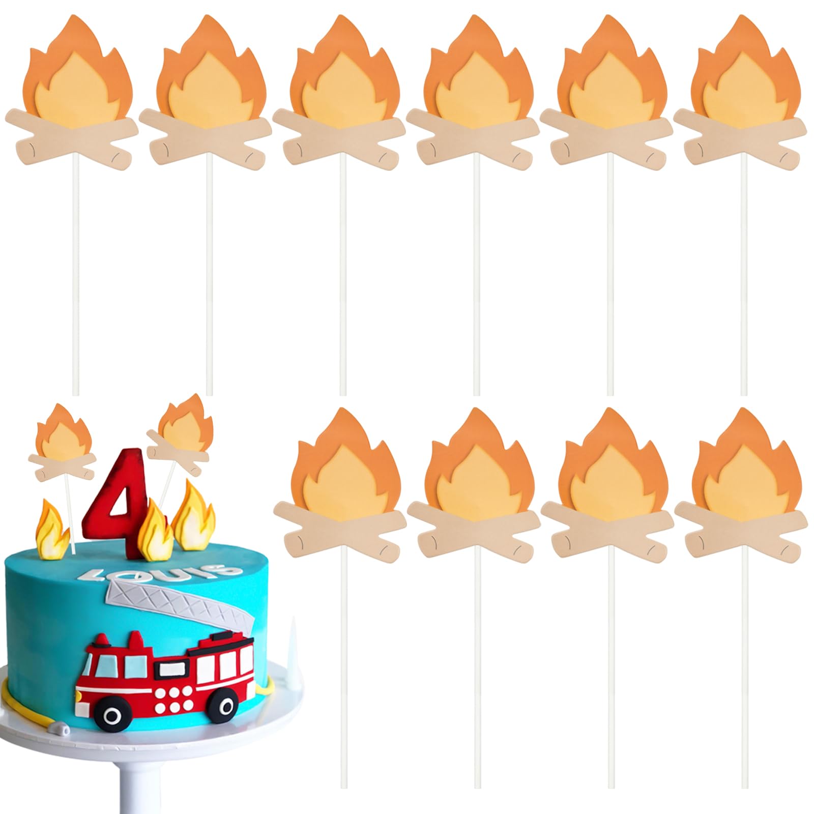 Capiant Fire Truck Cake Topper Set - 10 Pack, Paper Cards & Wooden Sticks, Fire Theme Birthday Party Supplies, Style 2