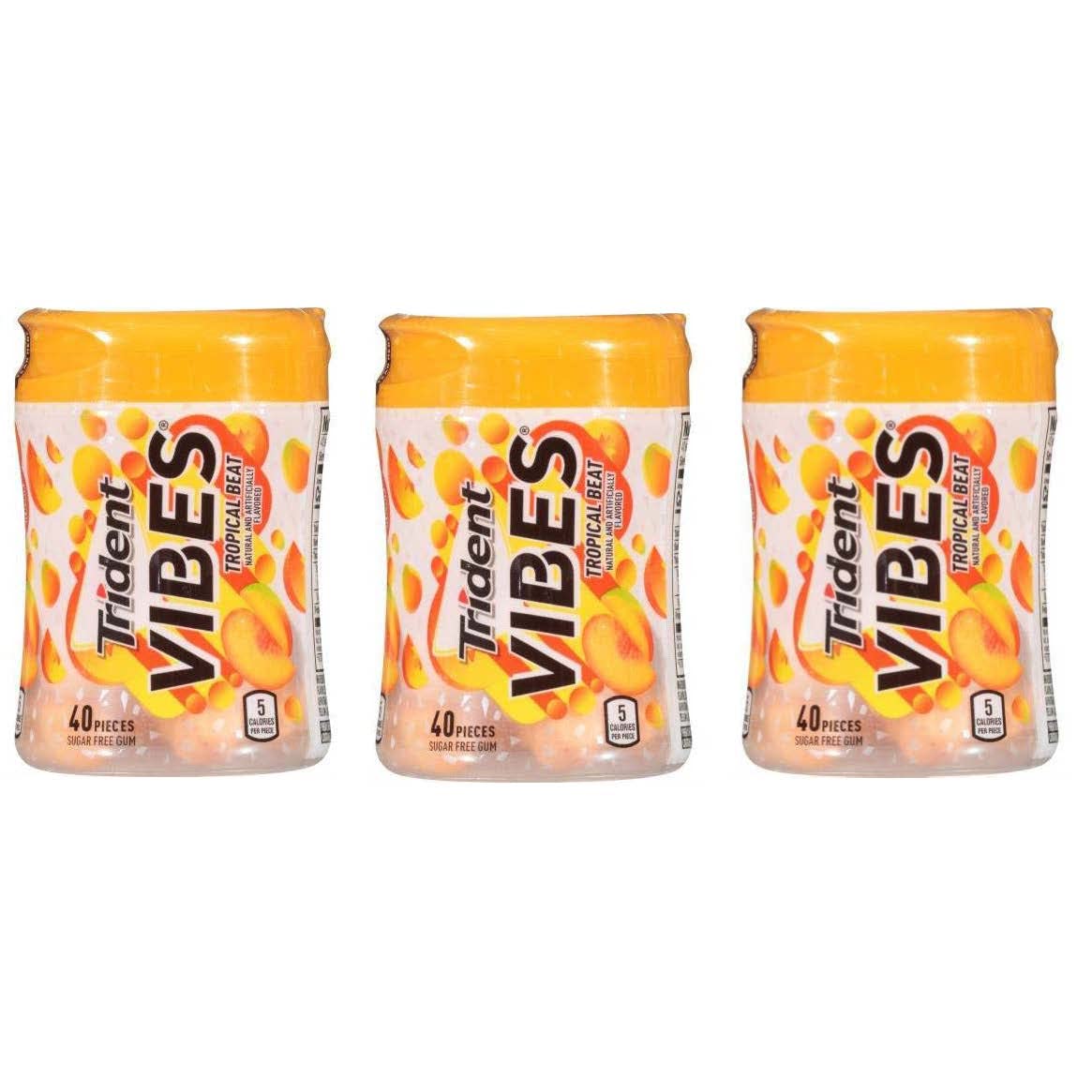 Trident Vibes Tropical Flavor 3 Pack Sugar Free Gum 3 Bottles Of 40 Pieces (120 Total Pieces)