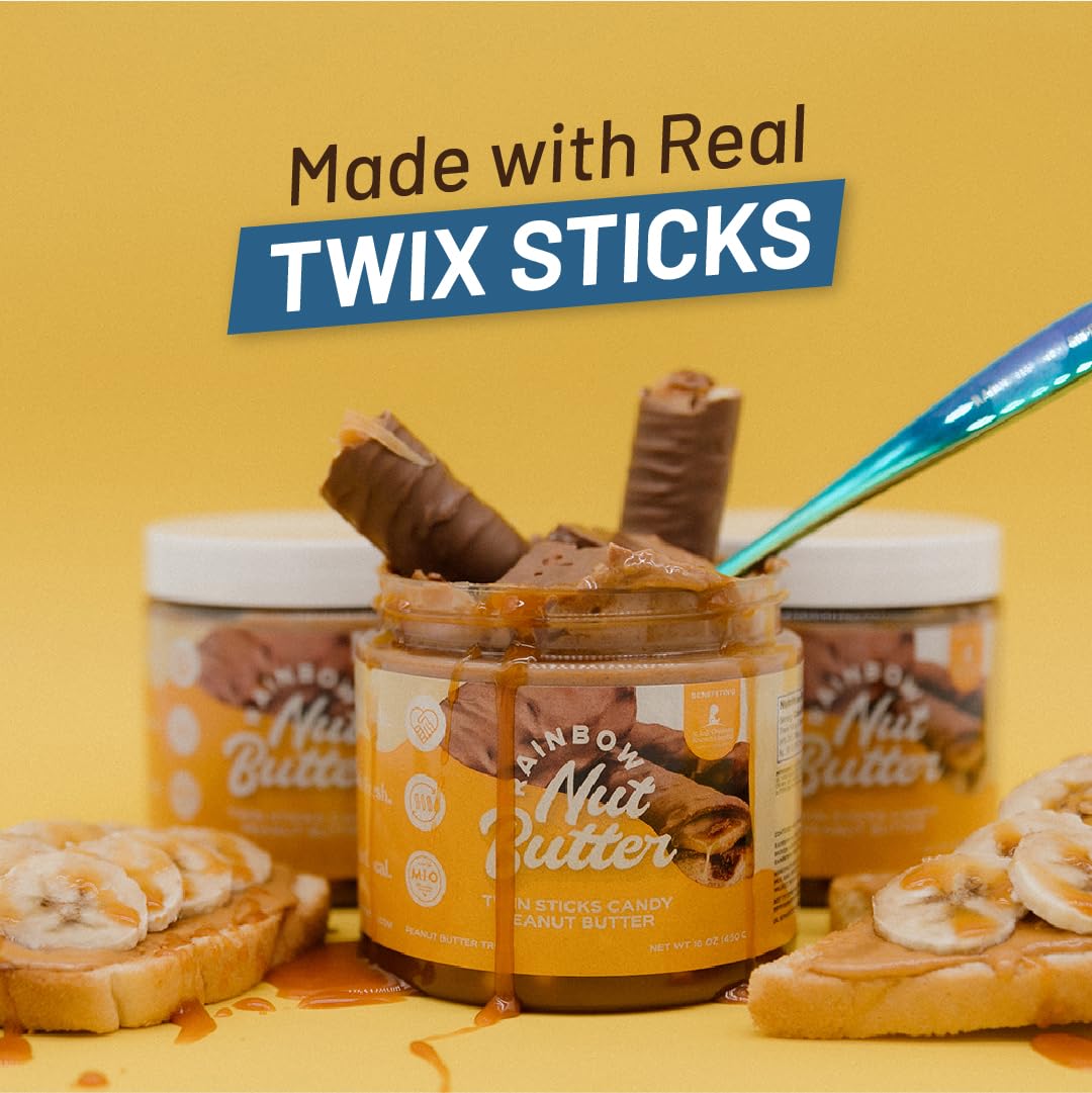 Rainbow Nut Butter, Twin Sticks Candy Bar Peanut Butter, Spread, Treat, Snack, Dessert, Caramel Bits, Caramel Syrup, Milk Chocol