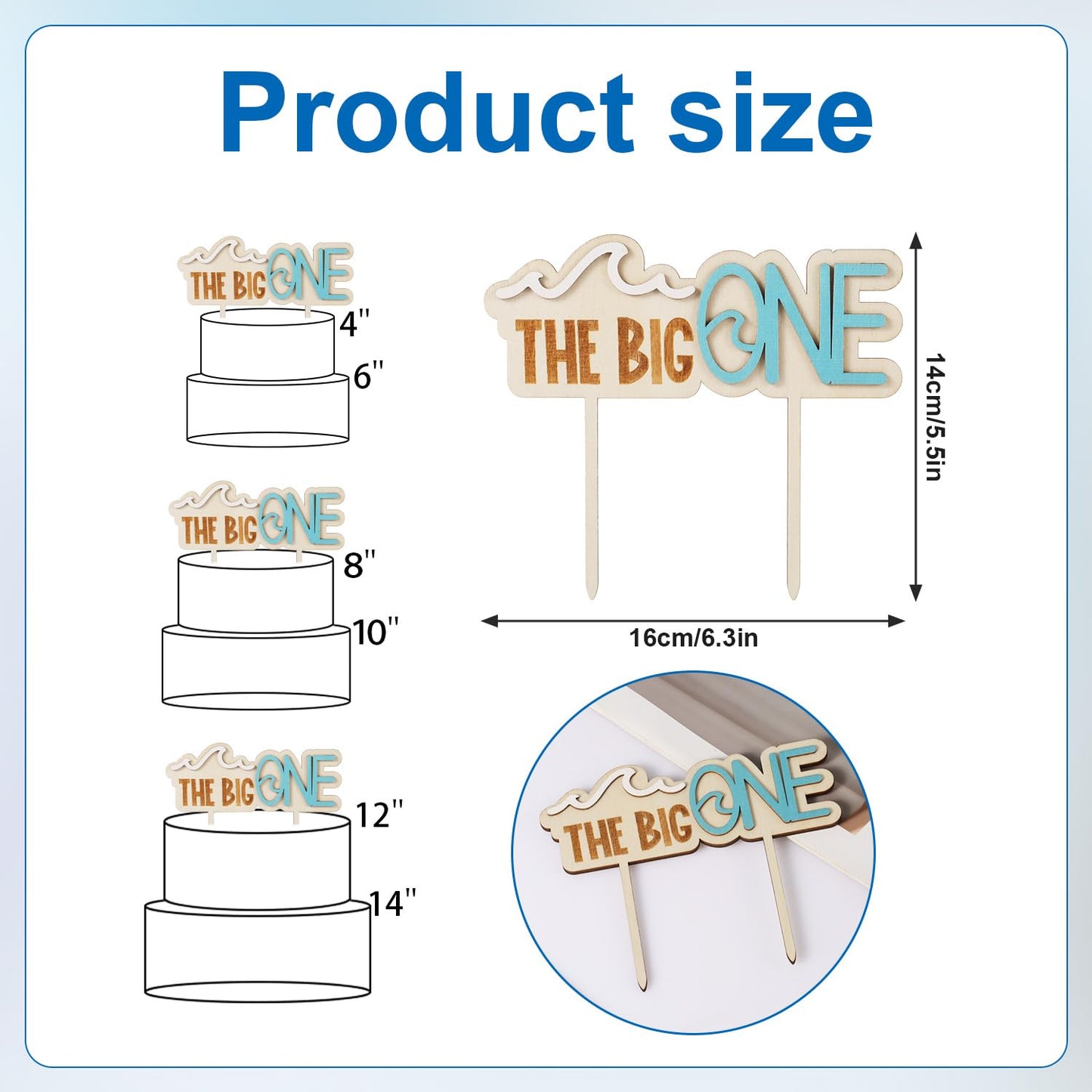 PEUTIER Wave Surfing Wooden Cake Topper, 18x15cm, Blue, Model 13085, 1st Birthday Party Decorations
