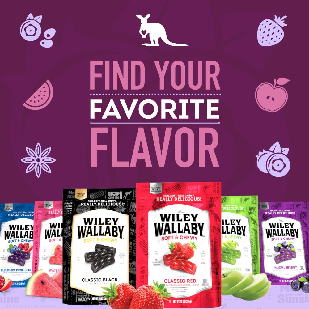 Wiley Wallaby Licorice 10 Ounce Variety Pack - Blueberry Pomegranate, Huckleberry, & Blasted Berry Gourmet Australian Style Soft
