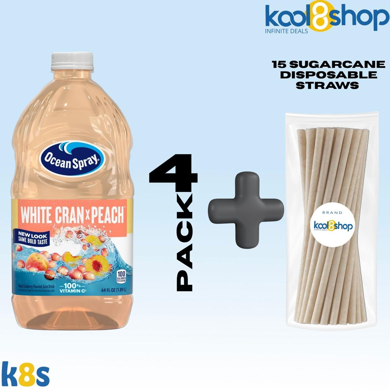 Ocean Spray White Cran Peach Juice Drink 64 fl oz Plastic Bottles 4 Pack + 15 Sugarcane Disposable Straws by KOOL8SHOP Infinite