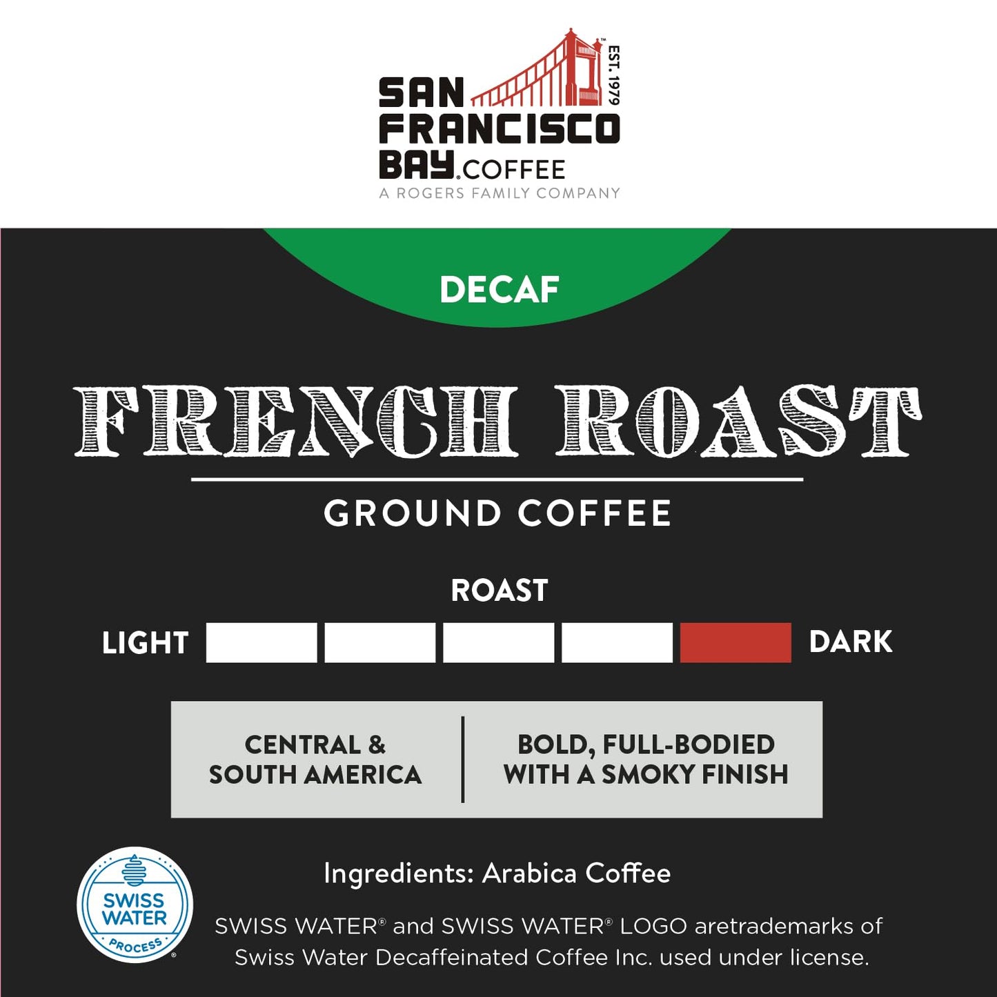 San Francisco Bay Ground Coffee - Decaf French Roast (28Oz Bag), Dark Roast, Swiss Water Processed
