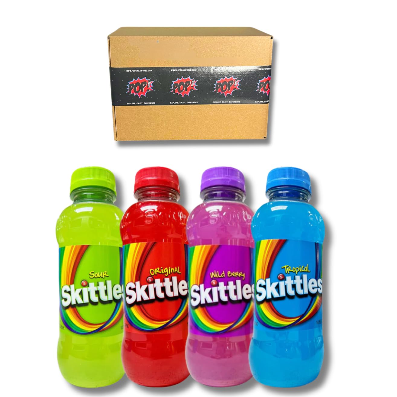 Skittles Drinks 4 Flavor Variety Pack 14oz | 4 Bottles | Wild Berry, Tropical, Sour and Original Flavor | Skittles Juice
