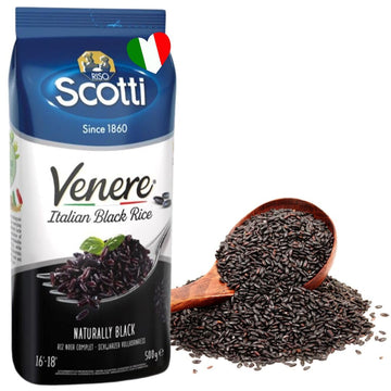 Riso Scotti Black Grain Rice  1.1 Lbs (500G)  Product Of Italy  Venere  Top-Grade Quality Rice  Wheat Free  Ancient Black Whole Wild Grain