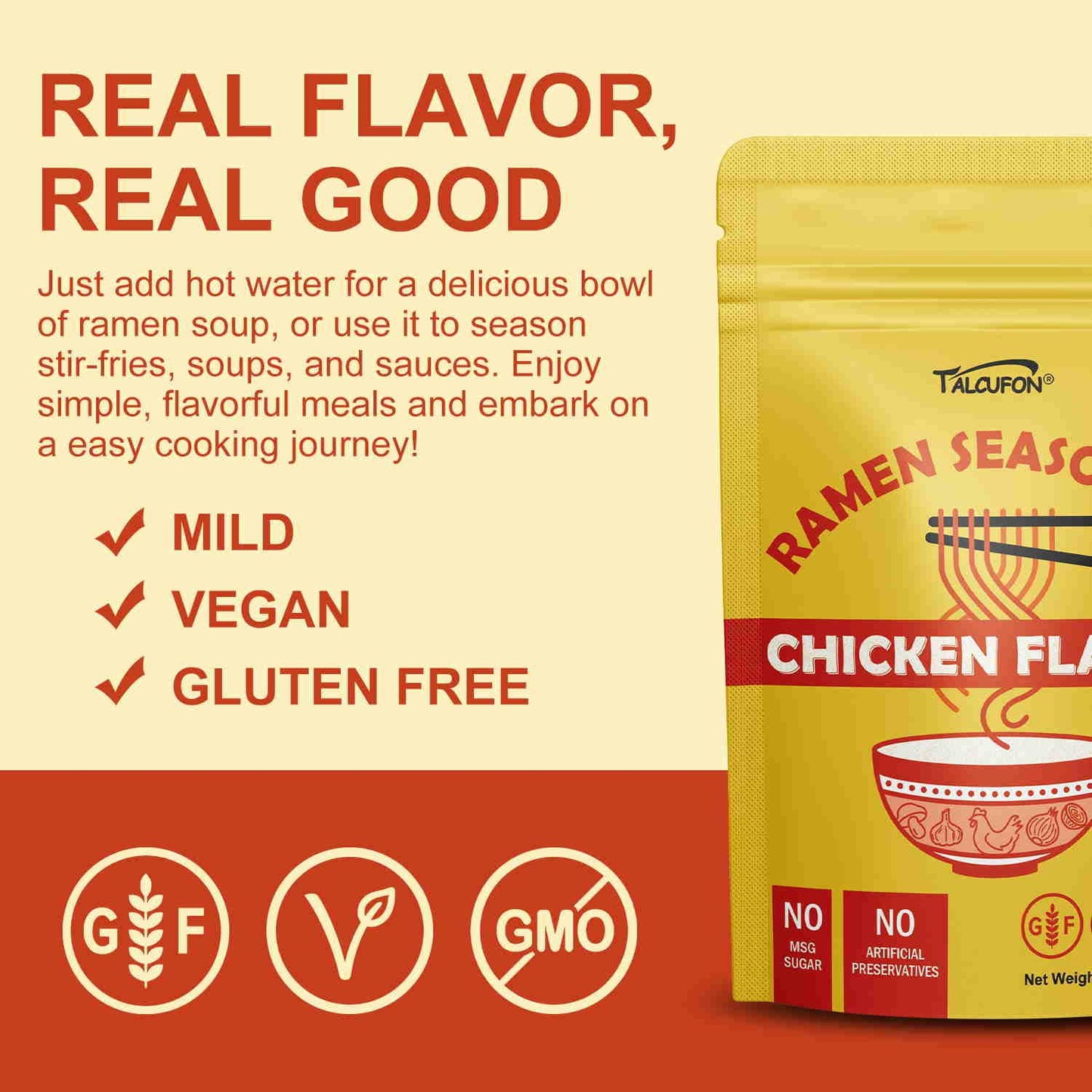 Talcufon Ramen Seasoning 10.58 Oz Traditional Chicken Ramen Seasoning Reduced Salt Gluten-Free Vegan Mild Premium Instant Noodle