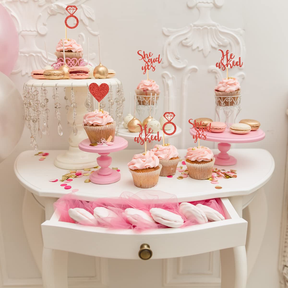 Donoter 24 Pieces Red Glitter Engagement Cupcake Toppers He Asked She Said Yes Diamond Ring Heart Cupcake Picks For Wedding Brid