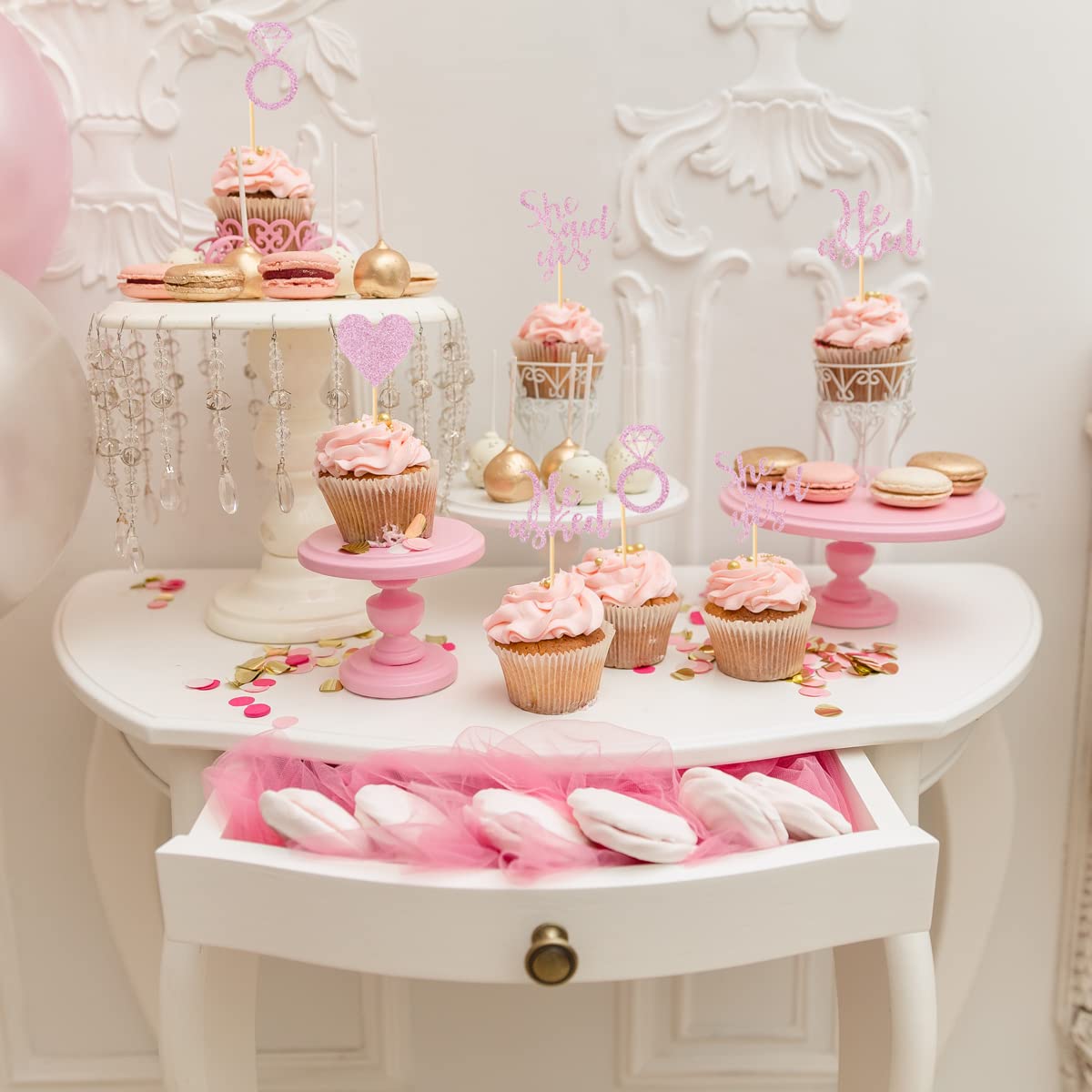 Donoter 24 Pieces Pink Glitter Engagement Cupcake Toppers He Asked She Said Yes Diamond Ring Heart Cupcake Picks For Wedding Bri