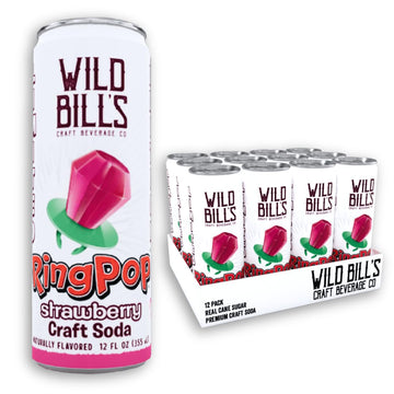 Wild Bills Strawberry Ring Pop Craft Soda – Pure Cane Sugar, Caffeine Free, Vegan – 12 Oz Cans, 12 Pack