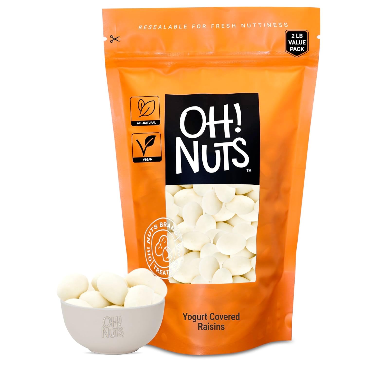 Oh! Nuts Yogurt Covered Raisins - 2lb - Sweetened Dehydrated Creamy Yogurt Fruit Bites - Packed in New York Zip-Seal Bag for Exc