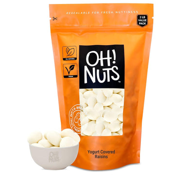Oh! Nuts Yogurt Covered Raisins - 2lb - Sweetened Dehydrated Creamy Yogurt Fruit Bites - Packed in New York Zip-Seal Bag for Exc
