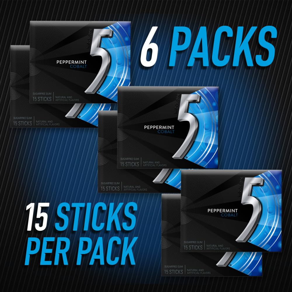 5 Gum Cobalt Peppermint Sugar Free Chewing Gum, 15 Pieces (6 Pack)