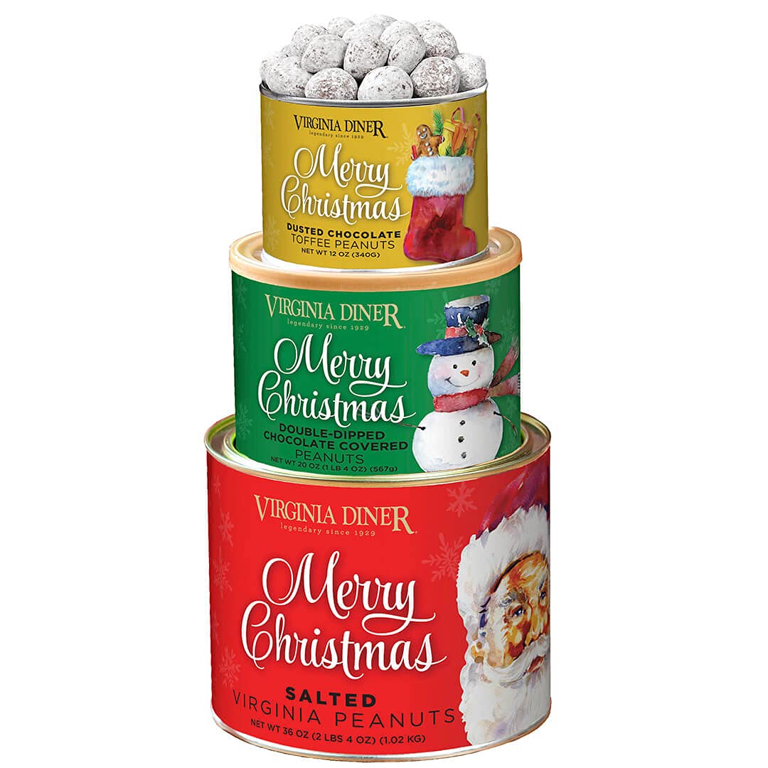 Virginia Diner Merry Christmas Tree-O Gift Set (Dusted Chocolate Toffee Peanuts 12Oz, Double Dipped Milk Chocolate 20Oz, Salted Virgnia Peanuts 36Oz)