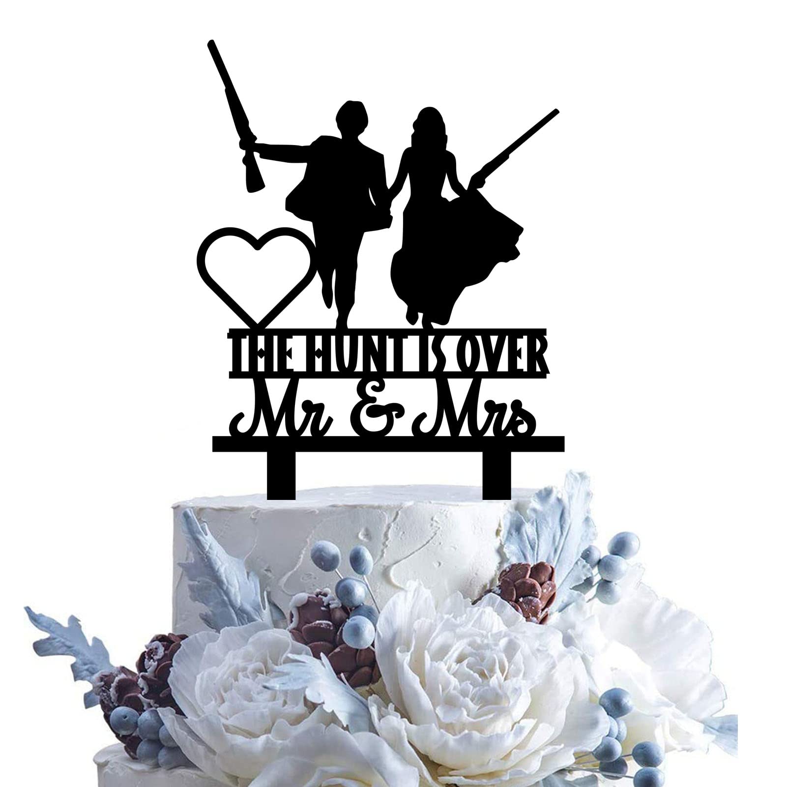 The Hunt Is Over Wedding Cake Topper: Groom & Bride With Equipment - Mr. & Mrs. Wedding Cake Topper