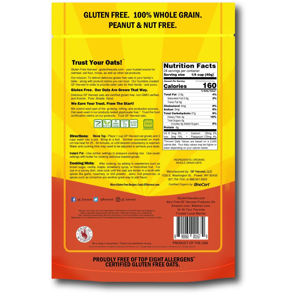 Gf Harvest Gluten Free Organic Oat Groats, 40 Ounce Bag