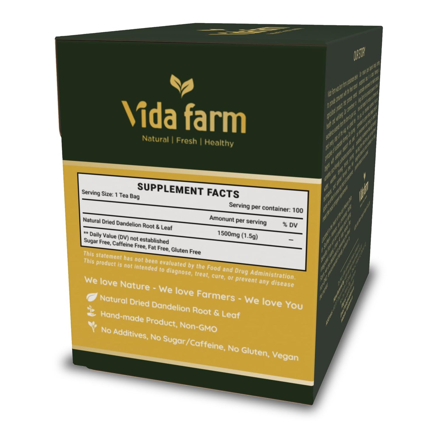 VIDA FARM Dandelion Tea Bags - 100% Natural Herbal Tea, Sugar Free, Caffeine Free - 100 Count