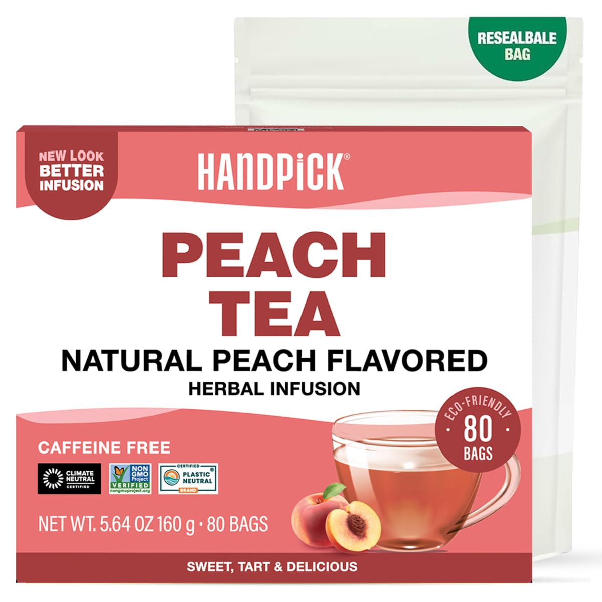 HANDPICK Peach Tea Bags, Herbal Tea with Hibiscus, Cinnamon, Ginger, Caffeine-Free, 80 Count