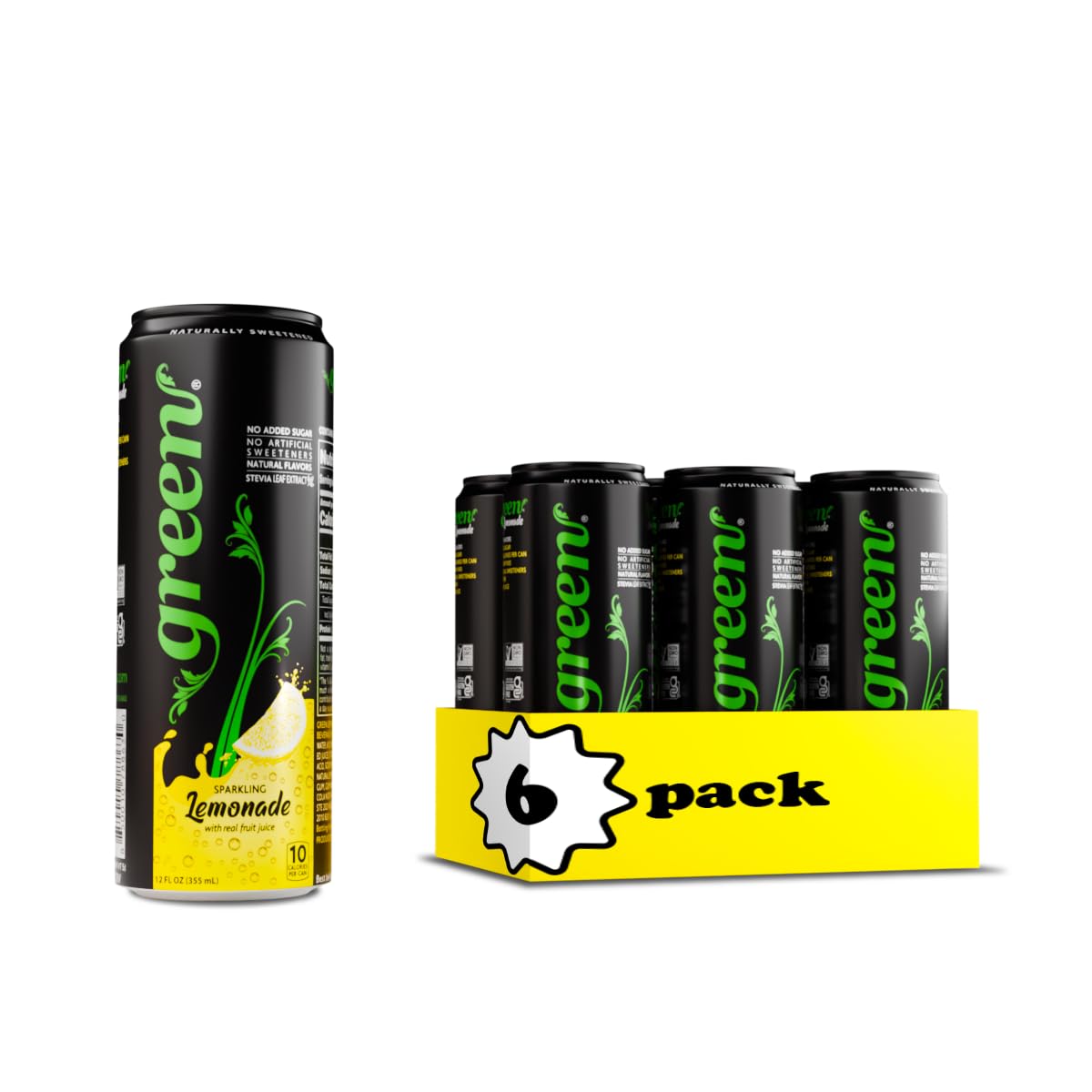 Green Lemonade - No Added Sugar, 6% Real Lemon Juice, 10 Calories Per Can, Naturally Sweetened With 100% Stevia Leaf Extract, Ca
