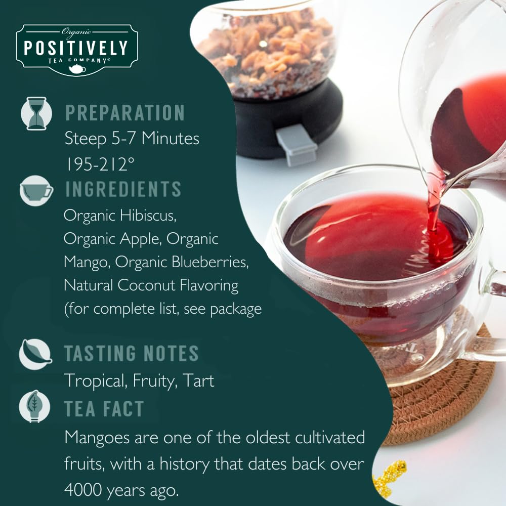Organic Positively Tea Company Coco Berry Mango Herbal Tea Loose Leaf 16 Ounce