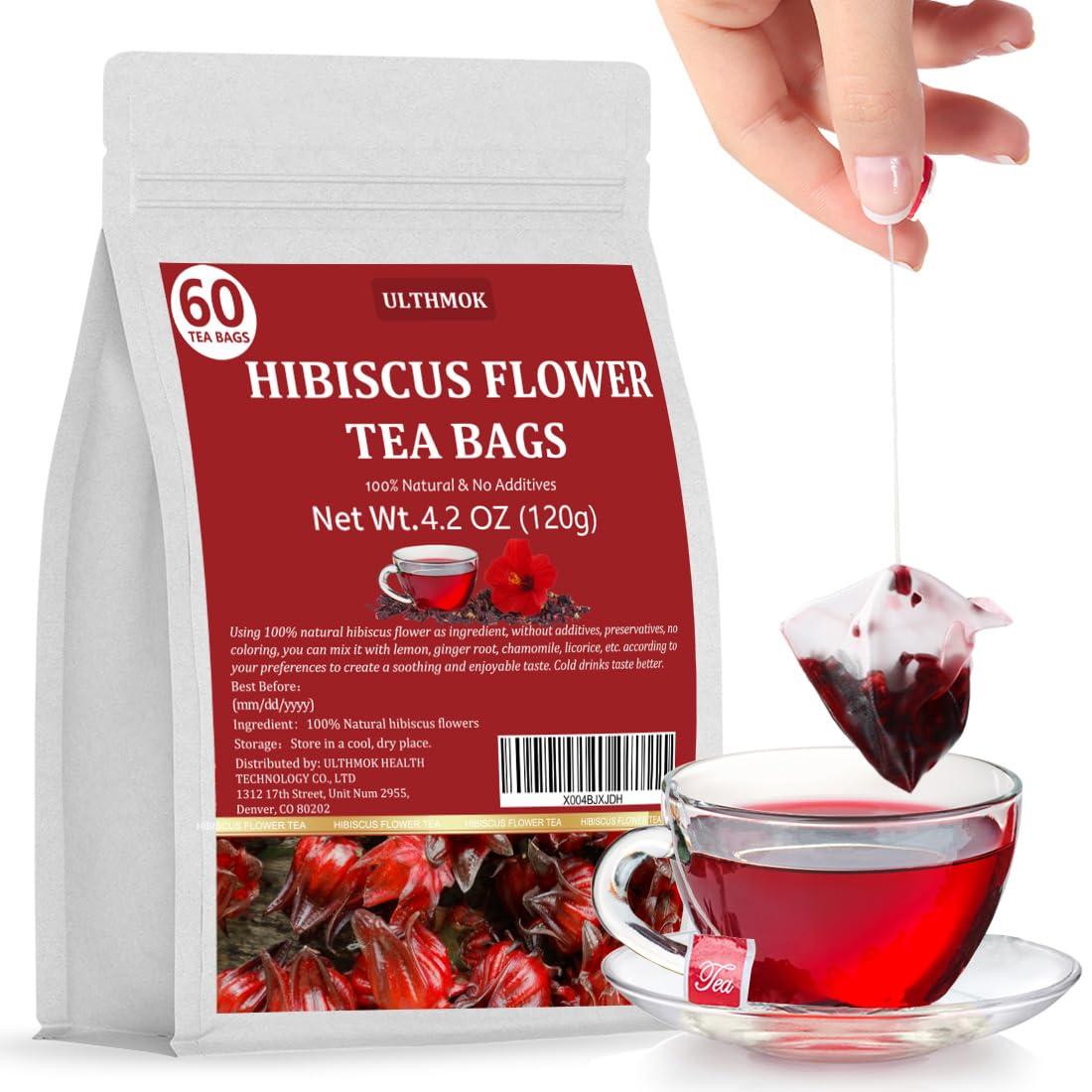 ULTHMOK Premium Hibiscus Tea Bags, 60 Count, 100% Pure Dried Hibiscus Flower, Caffeine Free, Natural, No Additives
