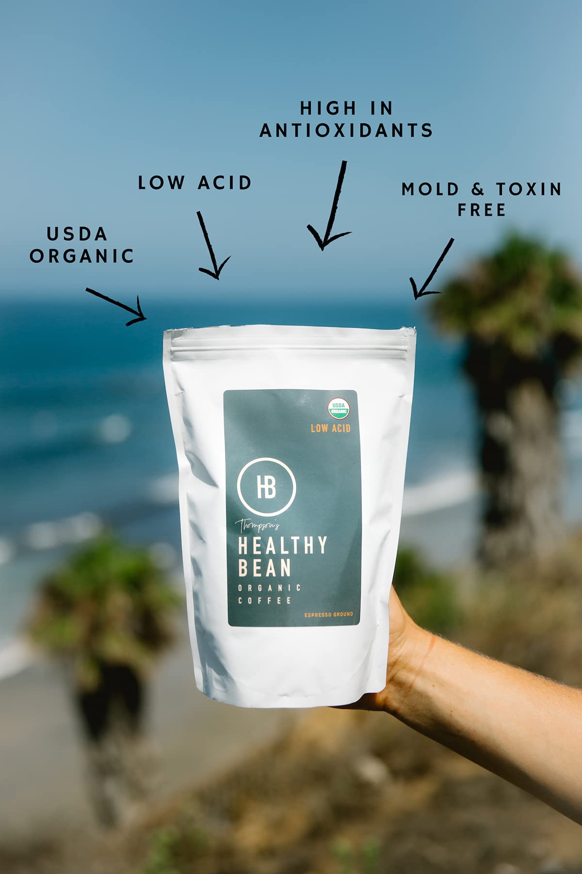 Healthy Bean Coffee - Organic Espresso Ground Coffee - Low Acid Coffee Grounds, Strong, Rich Flavor Clean Coffee, Healthy Coffee