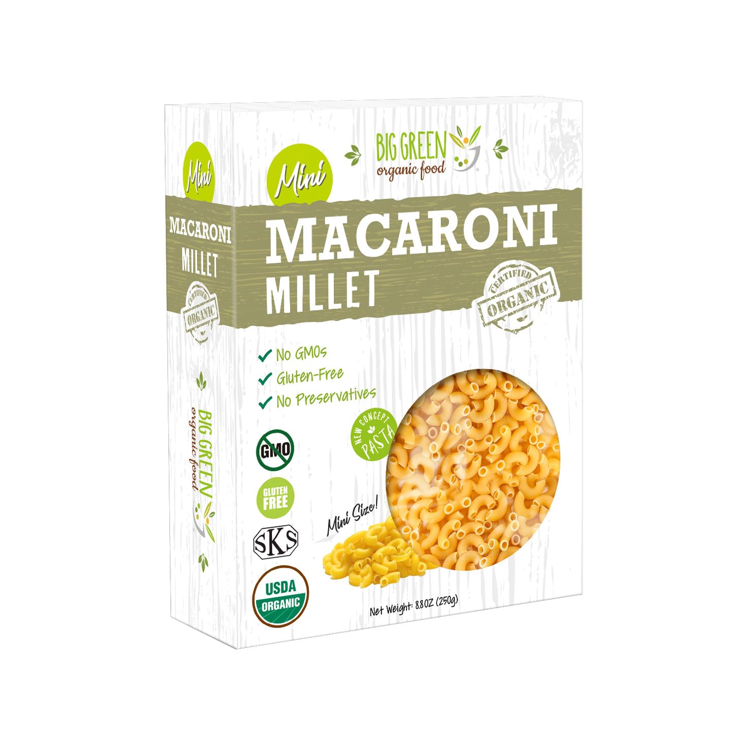 Big Green Organic Food - Organic Mini Millet Pasta, Gluten-Free, Non-GMO, Vegan, Plant-Based, Kids' Favorite, 8.8 oz (8.8oz, 1 B