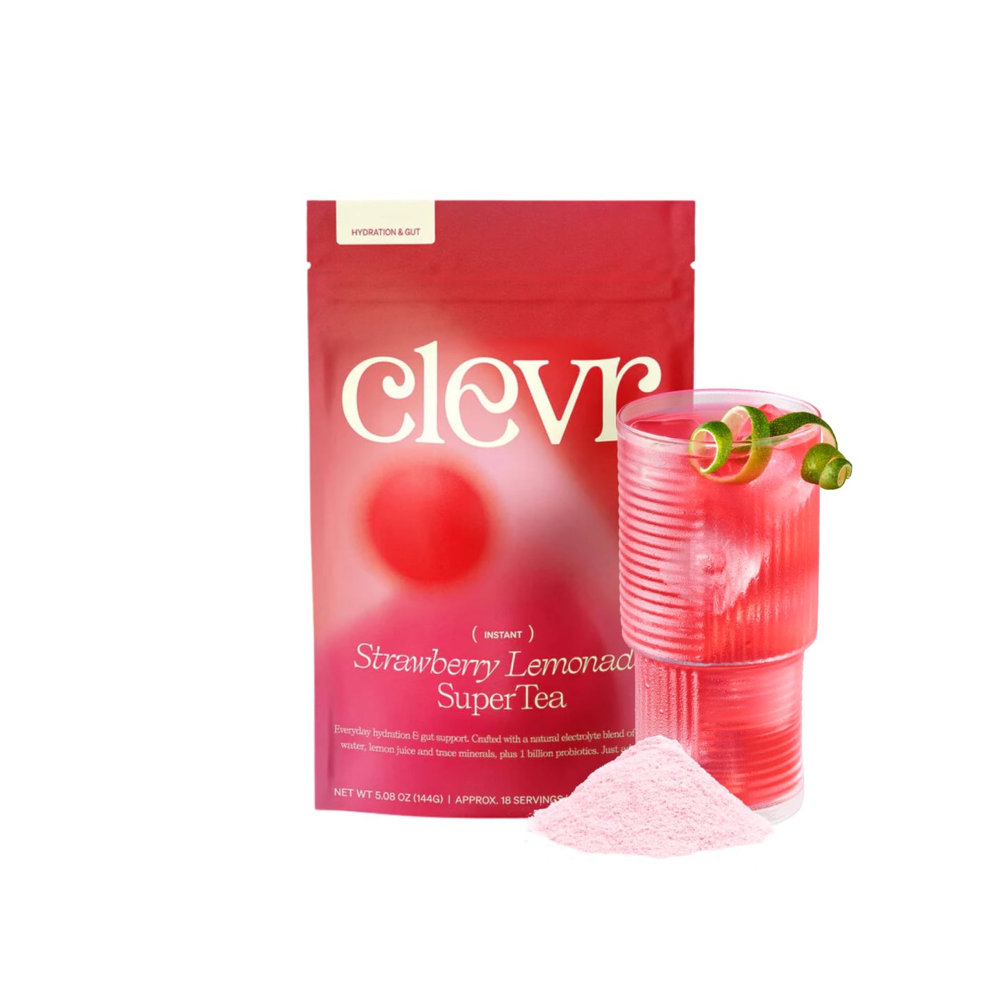 Clevr Strawberry Lemonade SuperTea, Hydration Tea Blend with Probiotics, 18 Servings, Caffeine Free, 5.08 oz
