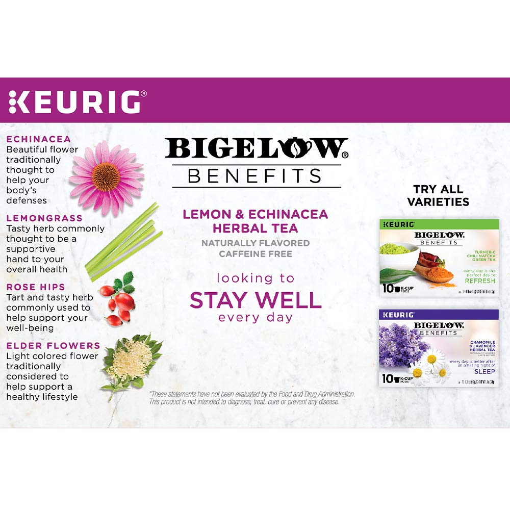 Bigelow Tea Herbal Tea K-Cup Pods, Lemon & Echinacea, Caffeine Free, 10 Count