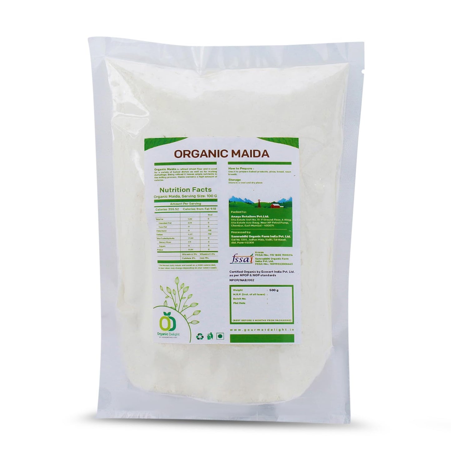 Organic Delight Maida/Natural Flour Maida Use For Baking & Cooking, Making Biscuits/Cakes/Bread, Usda Certified & Perfect In Tas