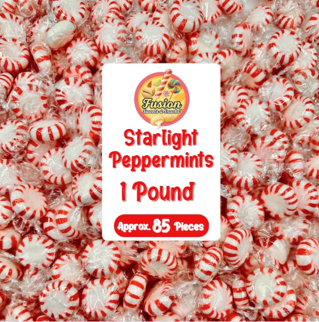 Fusion Sweets Starlight Peppermint Hard Candy - Bulk 1 Pound - Individually Wrapped - White with Red Stripes