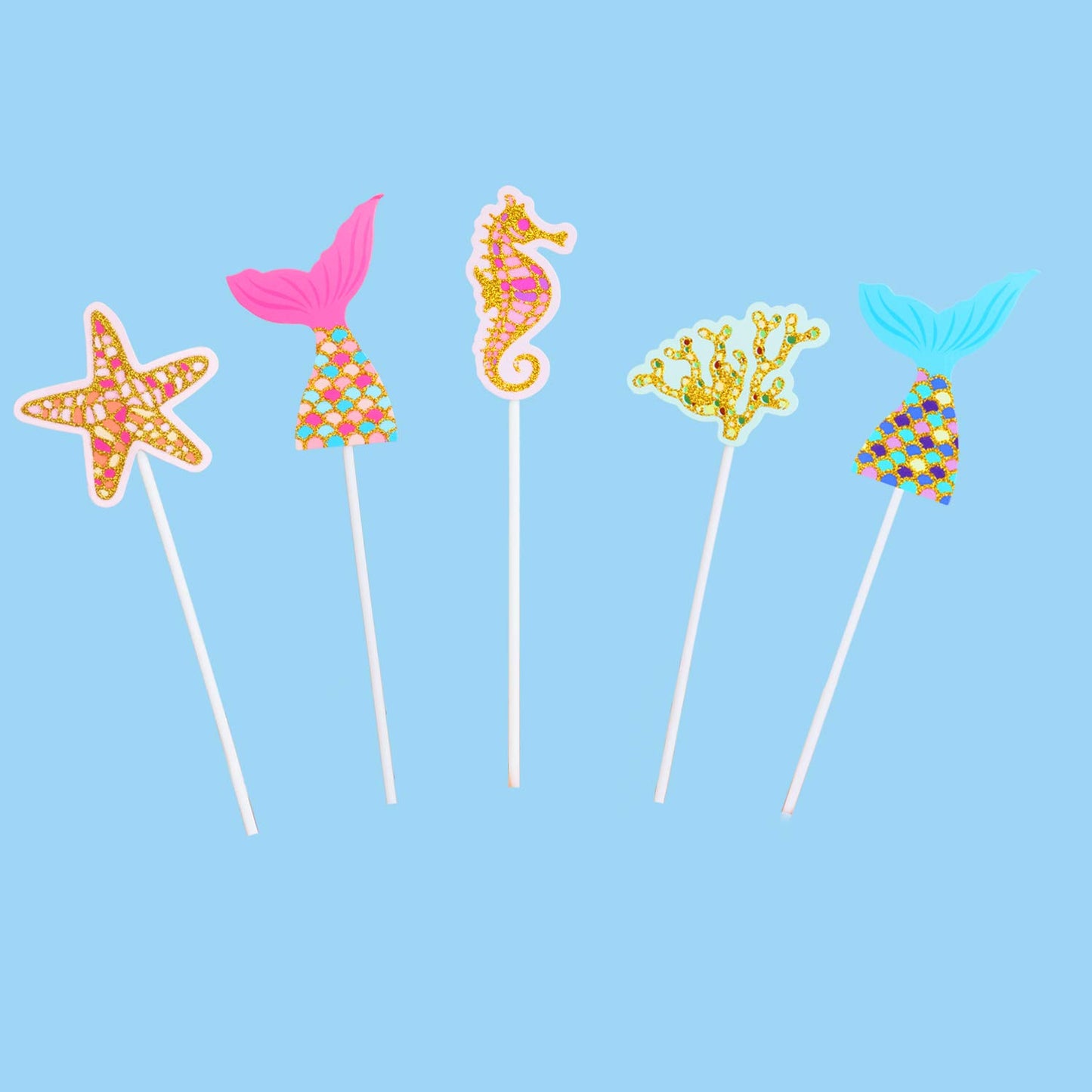 Diyasy Glitter Mermaid Cake Toppers, 6 Pack Happy Birthday Cake Decoration For Girls Party And Baby Shower