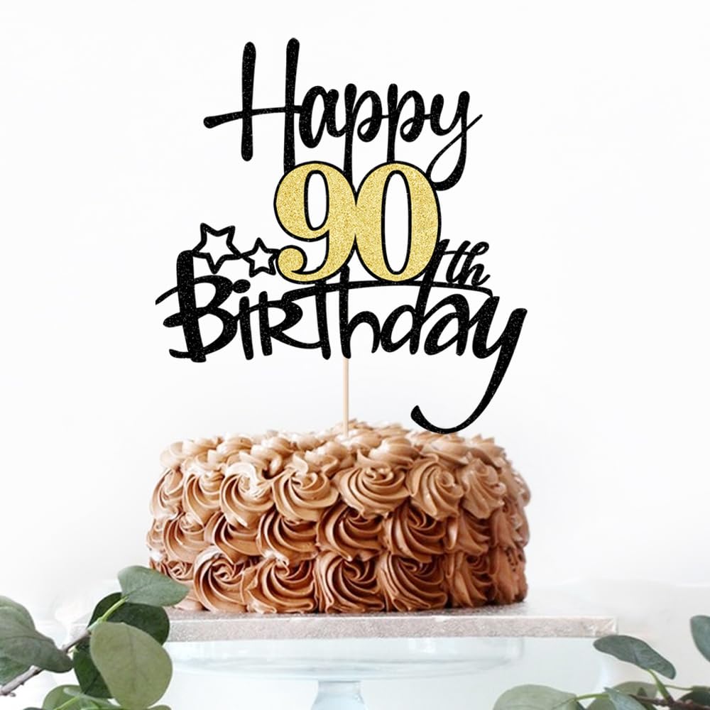 Kaoenla Black Gold Glitter Happy 90Th Birthday Cake Topper - Hello 90/Cheers 90,Happy Ninety Birthday Anniversary,90 Years Old B