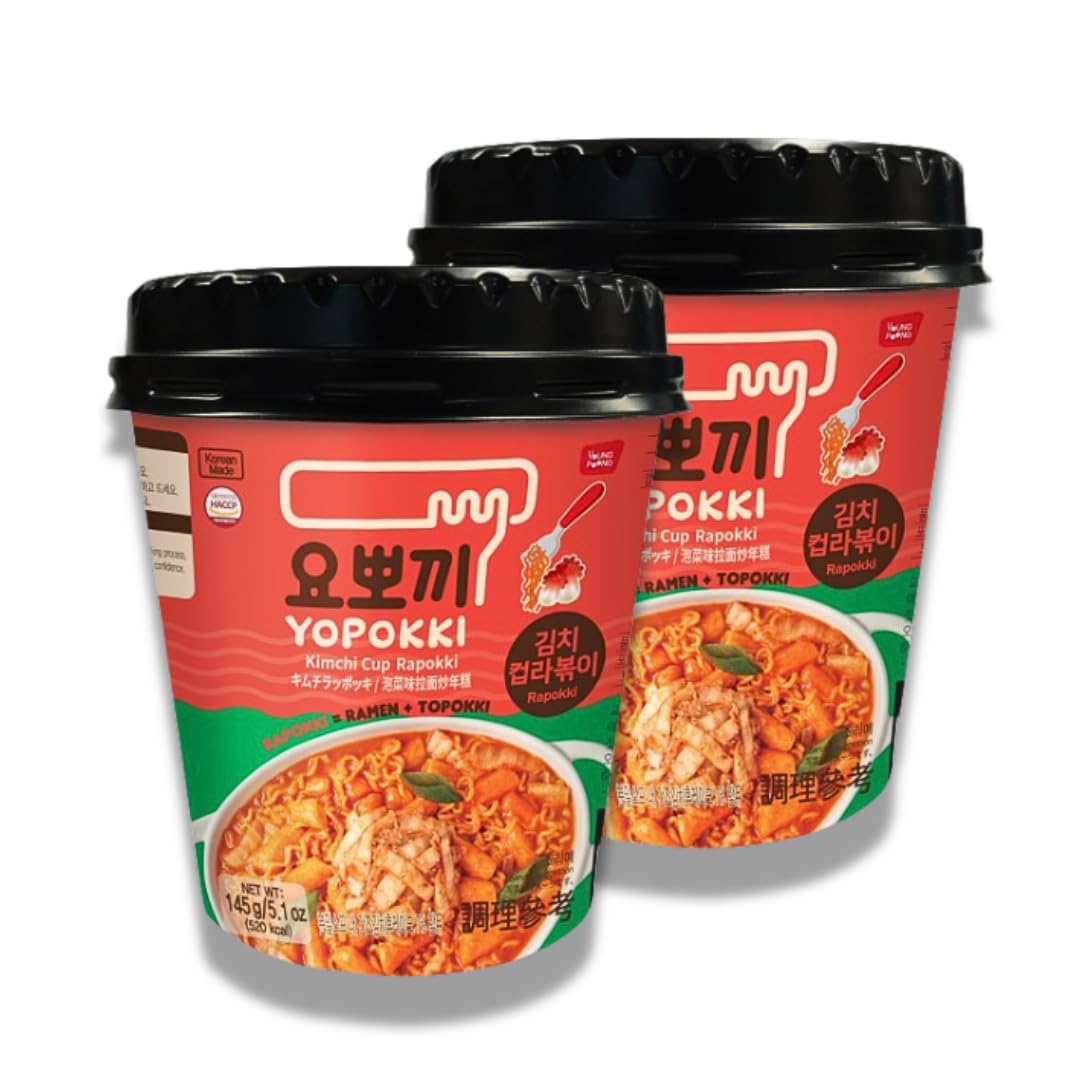 Yopokki Instant Rabokki Cup (Kimchi, 2 Cups) Korean Street food with Kimchi flavored sauce Ramen Noodle Topokki Rice Cake - Quic