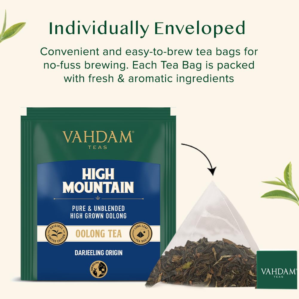 Vahdam, High Mountain Oolong Tea Bags (15 Count) Non Gmo | High Grown Oolong Tea Leaves - Light & Floral | Resealable Ziplock Pouch