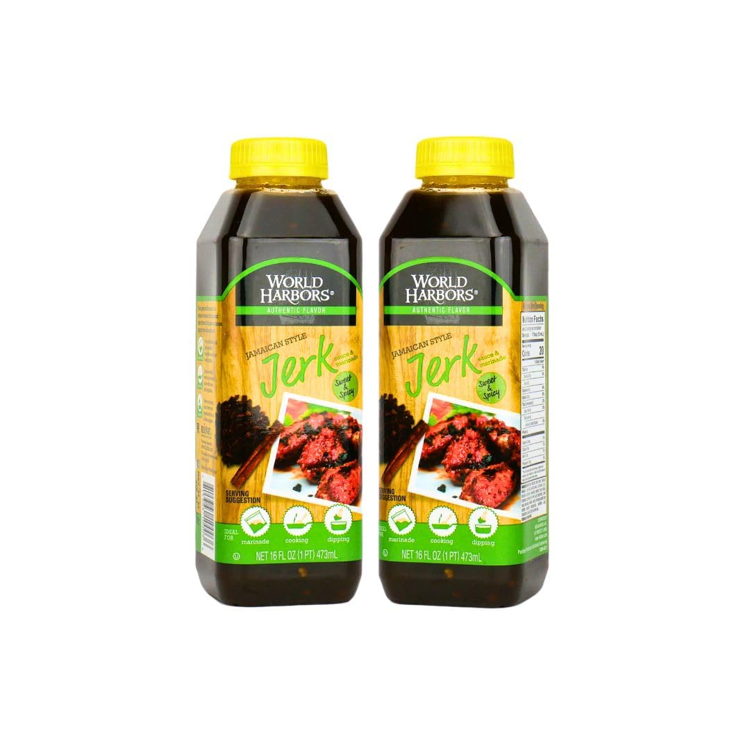 World Harbors Jamaican Jerk Sauce, Sweet & Spicy Marinade, 16 oz (Pack of 2) for Chicken, Sirloin, Shrimp, Glazing & Dipping