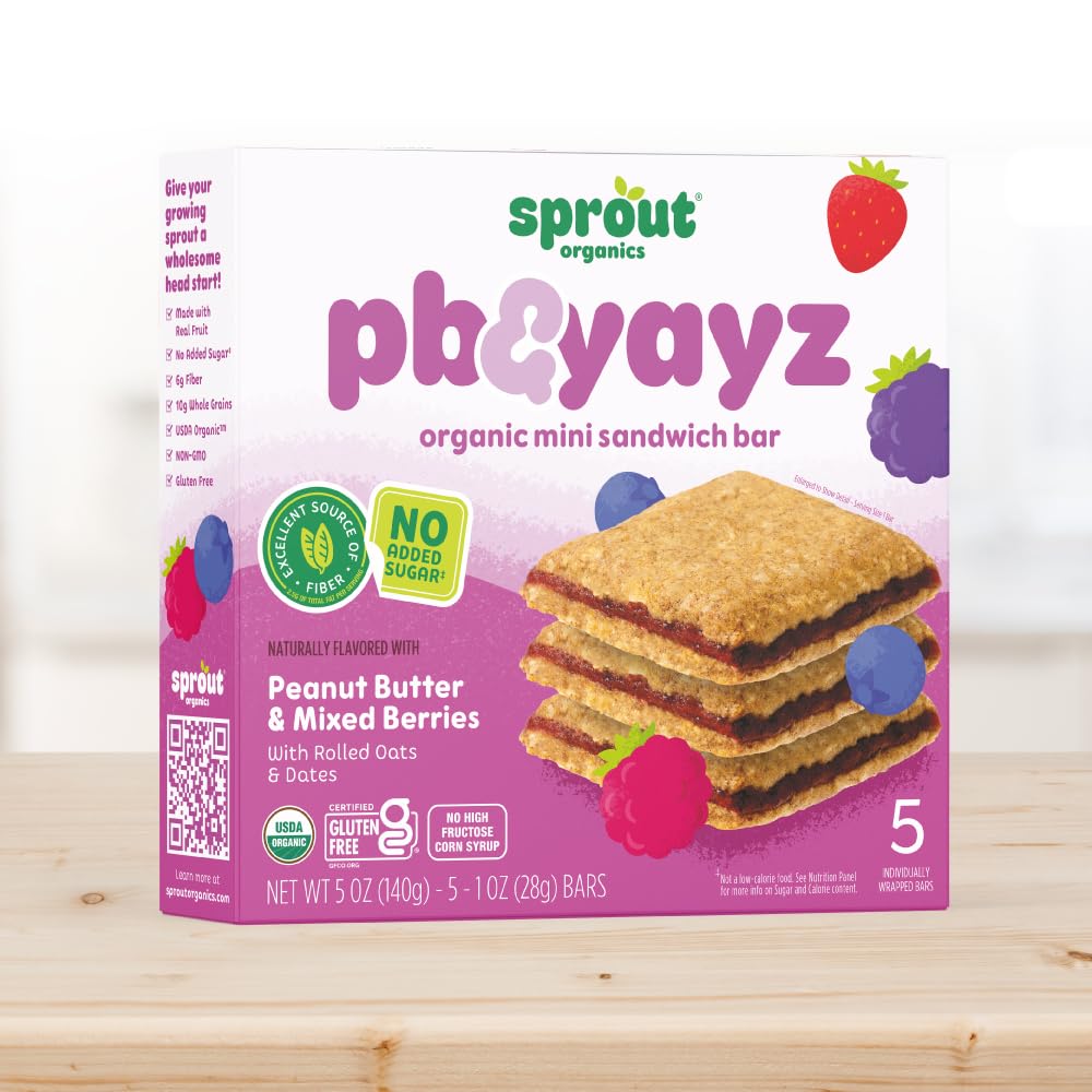 Sprout PB & Yayz Toddler Snack Bars, Mixed Berry & Peanut Butter, 5 Count (Pack of 6), Berry/Brown