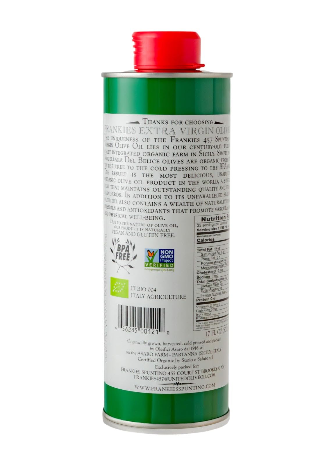 Frankies 457 Organic Extra Virgin Organic Olive Oil - Premium Castelvetrano Olive Oil - Harvested In Sicily - Pure Authentic Ita