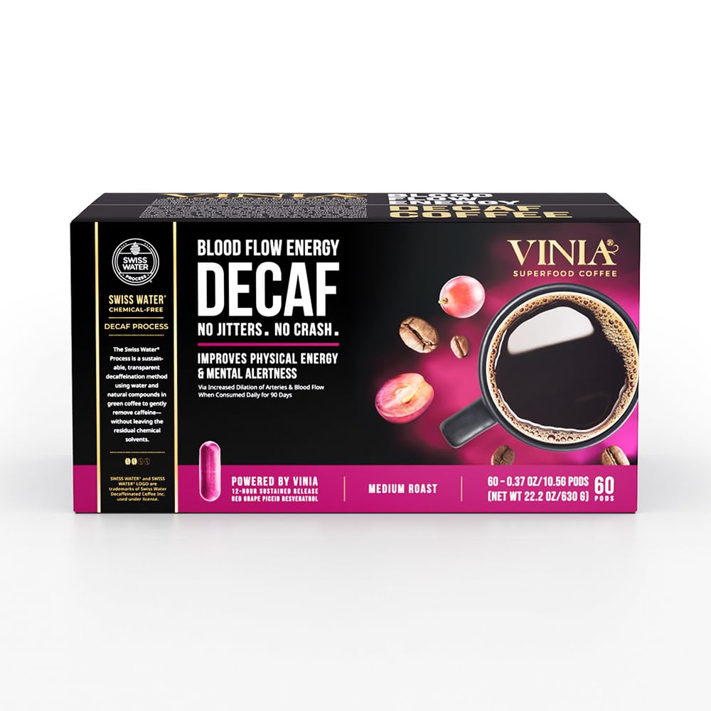 VINIA Blood Flow Energy Coffee Pods - DECAF Medium Roast, K Cup Compatible, Caffeine Free, 60 Count