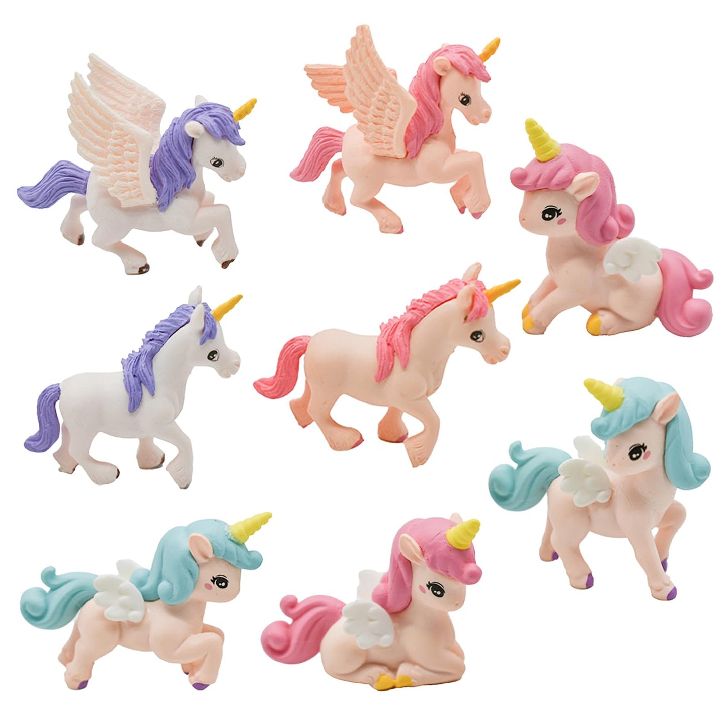 Pinenjoy 8Pcs Mini Flying Horse Unicorn Figurine Miniature Resin Unicorns Cake Toppers Fairy Garden Accessories For Diy Moss Lan