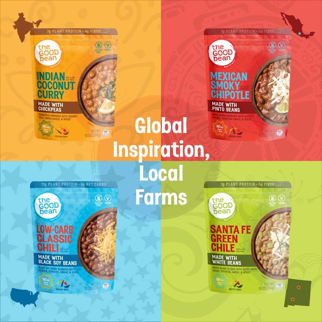 The Good Bean Heat and Eat Pouch Variety Pack - 10 oz (Pack of 4) - Smoky Chipotle, Classic Chili, Green Chile, Coconut Curry