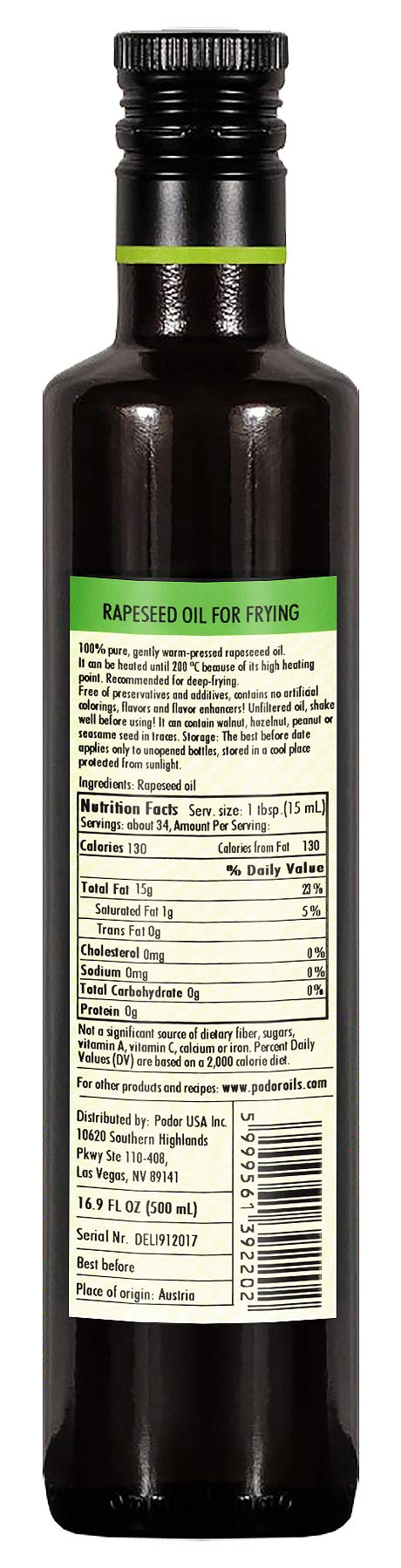 PÖDÖR Premium  seed Oil for Frying, 100% Natural, Vegan, Gluten-Free, Non-GMO, 16.9 Fl Oz Glass Bottle